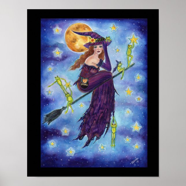 Poster Halloween witch with cute frogs by Renee Lavoie (Frente)