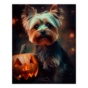 Pôster Halloween Yorkshire Terrier Com Pumpkins Assustado