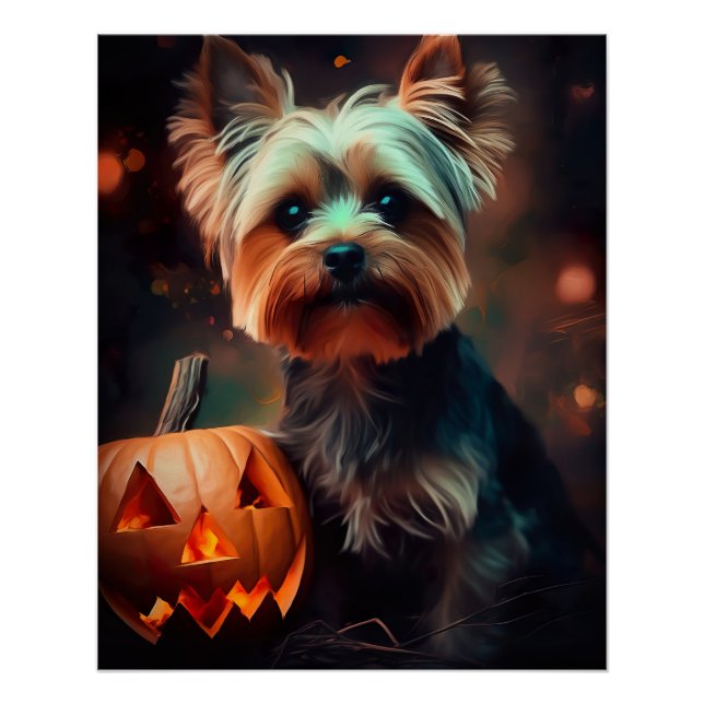 Pôster Halloween Yorkshire Terrier Com Pumpkins Assustado (Frente)