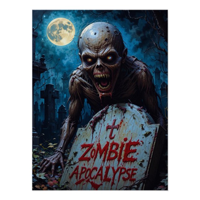 Pôster Halloween Zumbi Espectro Cemitério Assustador Lua  (Frente)