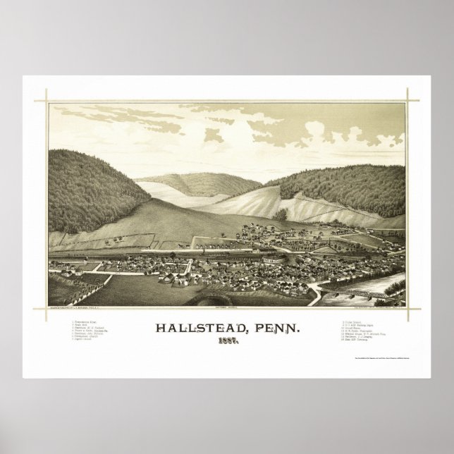 Pôster Hallstead, PA Panorâmica Map - 1887 (Frente)
