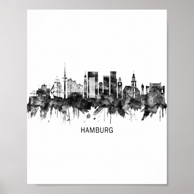 Poster Hamburgo Alemanha Skyline BW (Frente)