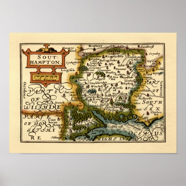 Poster Hampshire, Southampton County England Mapa Históri (Frente)