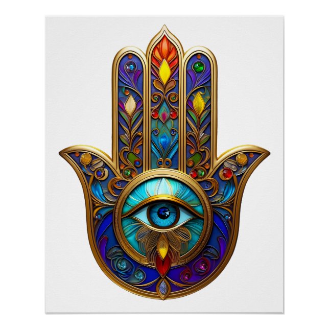 Pôster Hamsa Colorido Dourado Terceiro Olho Turquesa Safi (Frente)