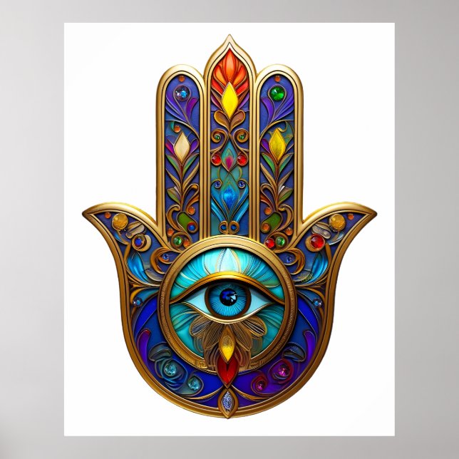 Poster Hamsa Colorido Dourado Terceiro Olho Turquesa Safi (Frente)