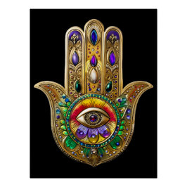 Pôster Hamsa de Ouro Pintado com Olho Terceiro de Ametist