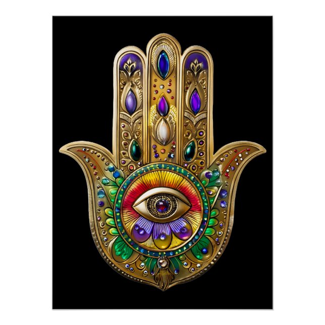 Pôster Hamsa de Ouro Pintado com Olho Terceiro de Ametist (Frente)