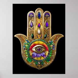 Poster Hamsa de Ouro Pintado com Olho Terceiro de Ametist