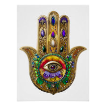 Hamsa de Ouro Pintado com Olho Terceiro de Ametist