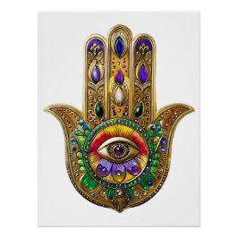 Pôster Hamsa de Ouro Pintado com Olho Terceiro de Ametist