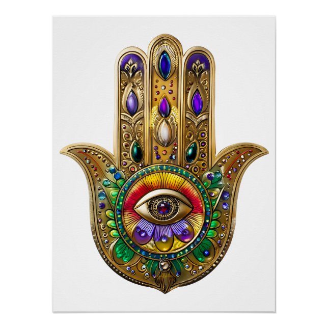 Pôster Hamsa de Ouro Pintado com Olho Terceiro de Ametist (Frente)