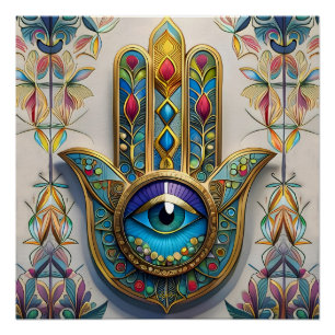 Pôster Hamsa do Terceiro Olho Azul-Verde com Filigrana Co