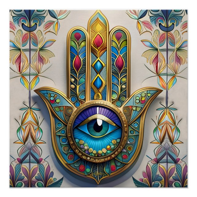 Pôster Hamsa do Terceiro Olho Azul-Verde com Filigrana Co (Frente)