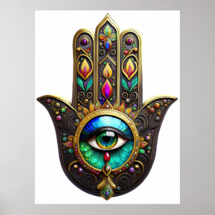 Poster Hamsa Dourado Marrom Colorido Olho Terceiro Arco-í