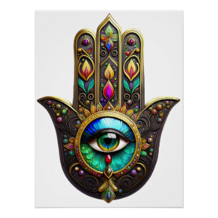 Pôster Hamsa Dourado Marrom Colorido Terceiro Olho Arco-í