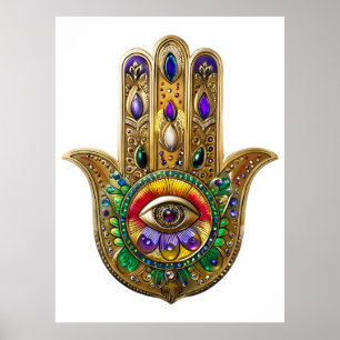 Poster Hamsa Dourado Pintado Olho Terceiro Rubi Ametista