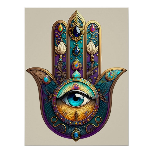 Pôster Hamsa Violeta Dourado Turquesa com Terceiro Olho T (Frente)