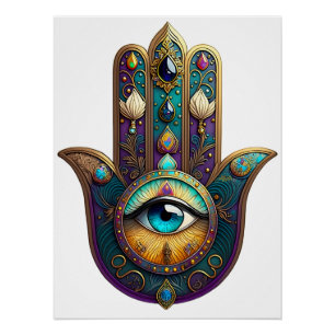 Pôster Hamsa Violeta Dourado Turquesa com Terceiro Olho T