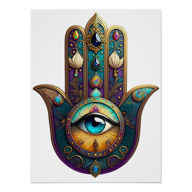 Pôster Hamsa Violeta Dourado Turquesa com Terceiro Olho T (Frente)