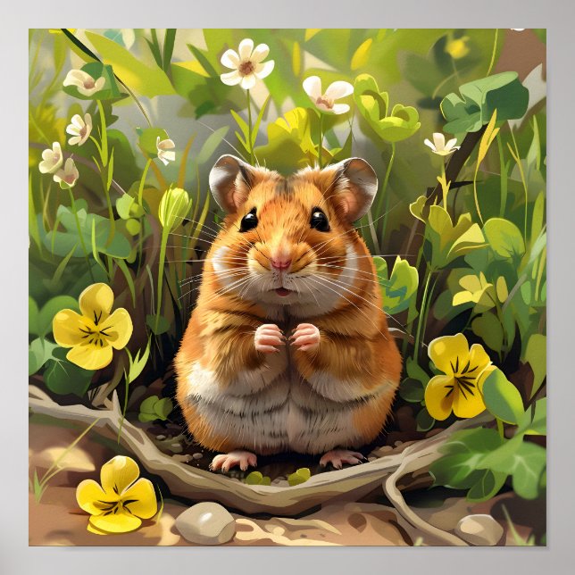 Poster Hamster Sírio ouro Em Campo De Flor (Frente)