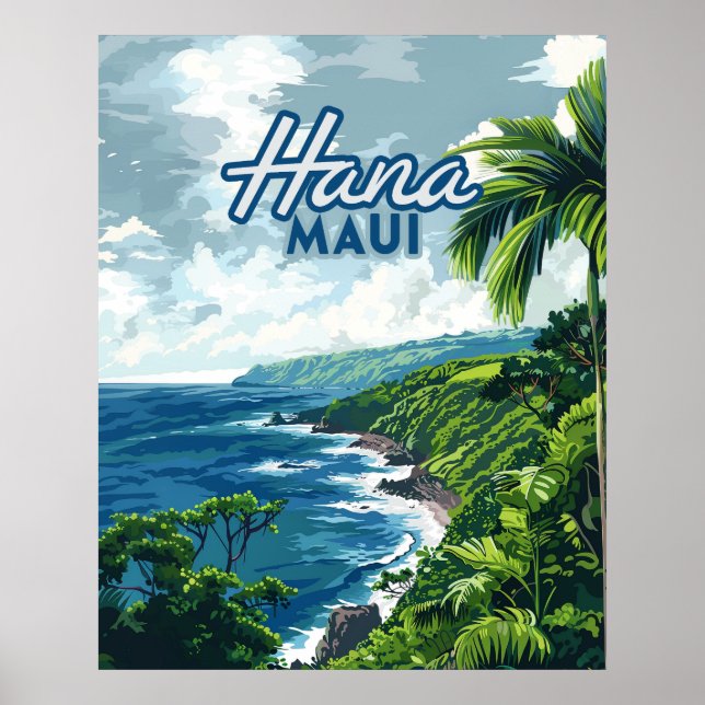 Poster Hana Maui Hawaii Road até Hana Beach Coast Retro (Frente)