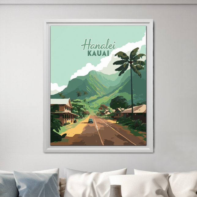 Poster Hanalei Kauai Hawaii Bay monta verde (Hanalei town on Kauai's North Shore in Hawaii on a retro design poster.)