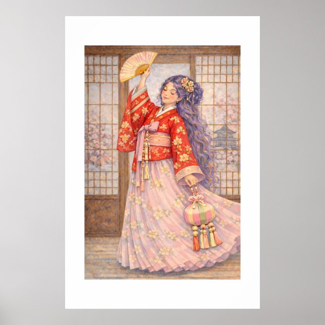 Poster Hanbok Elegante com Leque (Frente)