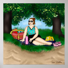 Poster Hand drawn Art | Woman Relaxing at Beach