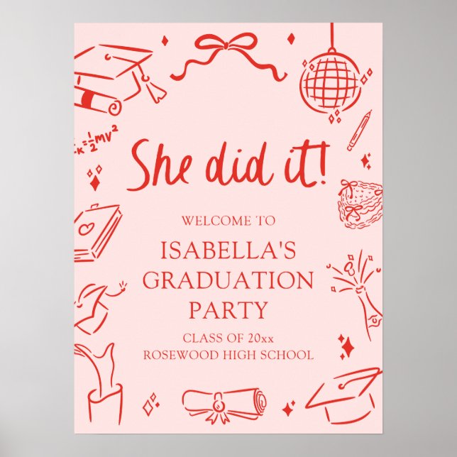 Poster Hand Drawn Bow She Did it Graduation Party Welcome (Frente)