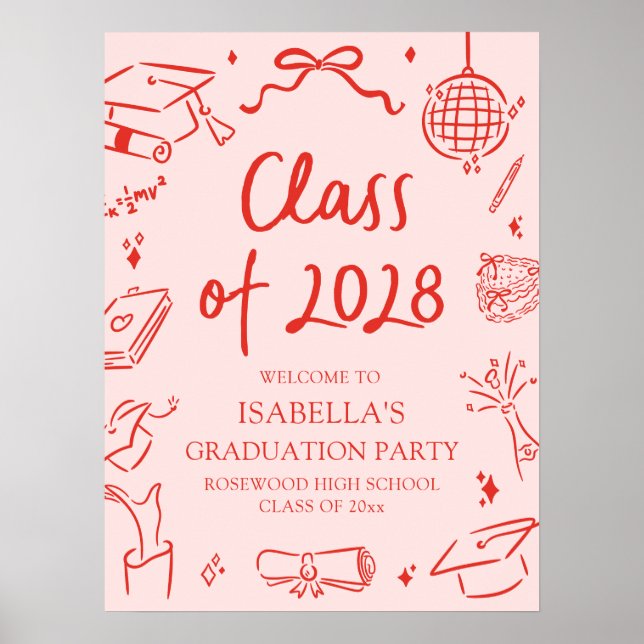 Poster Hand Drawn Class of 2028 Graduation Party Welcome (Frente)