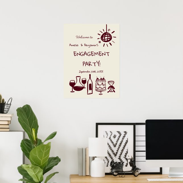 Poster Hand Drawn Engagement Party Wedding Welcome Sign. (Escritório em casa)