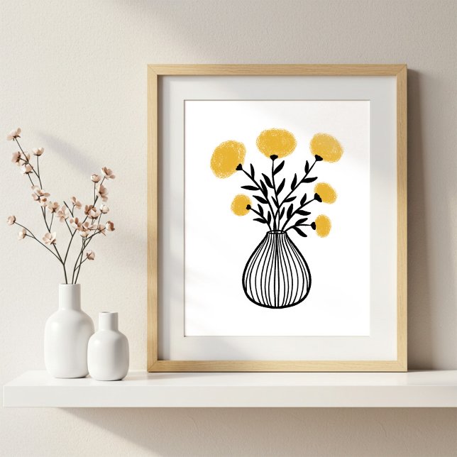 Poster Hand-Drawn Mixed Media Art Mustard Yellow Florals (Criador carregado)