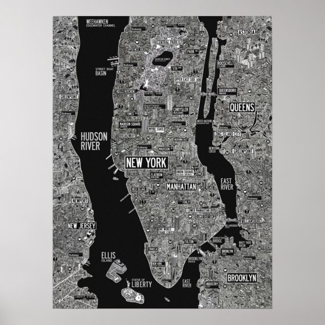 Poster Hand drawn New York City map black white (Frente)