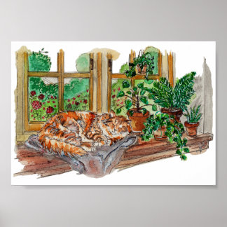 Poster Hand Painted Cosy Window Cat Watercolor Art