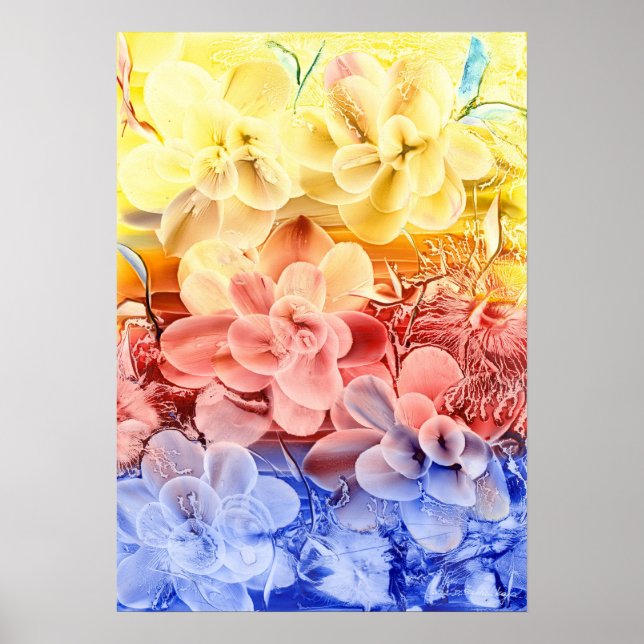 Poster Hand Painted Fantasy Floral Art - Yellow Red Blue  (Frente)
