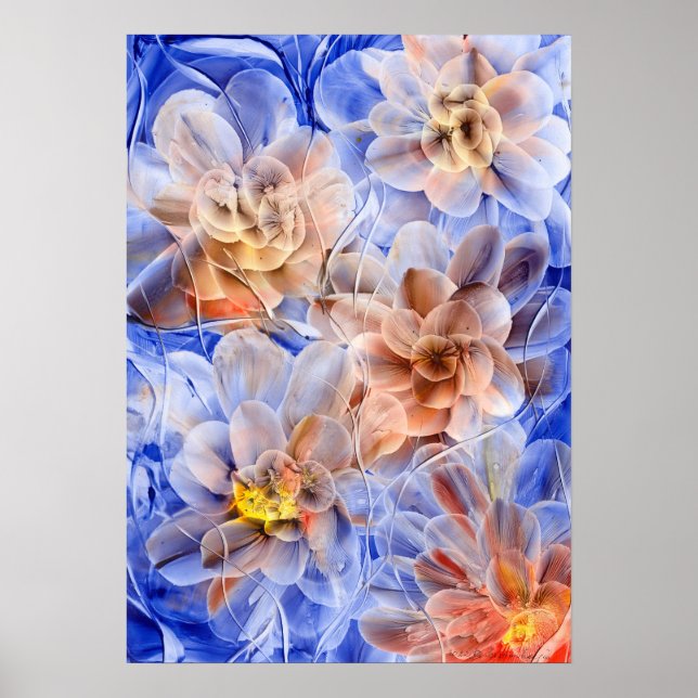 Poster Hand Painted Floral Fantasy - Blue and Peach Bloom (Frente)