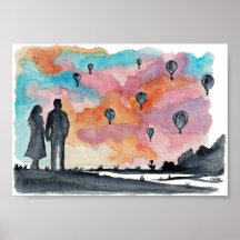 Hand Painted Romantic Couple Balloons Watercolor
