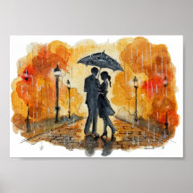 Hand Painted Romantic Couple in Rain Watercolor