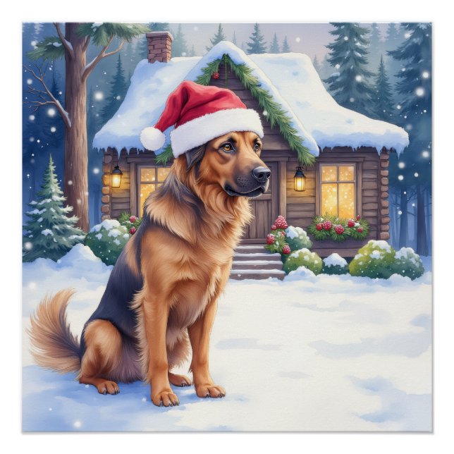 Pôster Hanoverian Scenthound Snowy Forest Cabin Santa Hat (Frente)