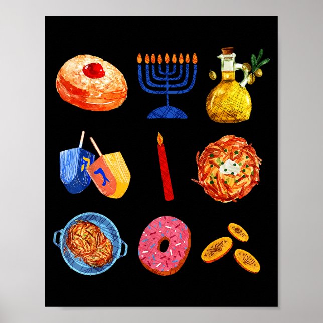 Poster Hanukkah Latke Menorah Dreidel Donut Chanukah Jewi (Frente)