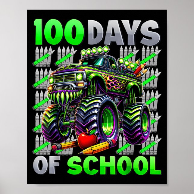Poster Happy 100 Days Of School Funny Monster Truck Stude (Frente)