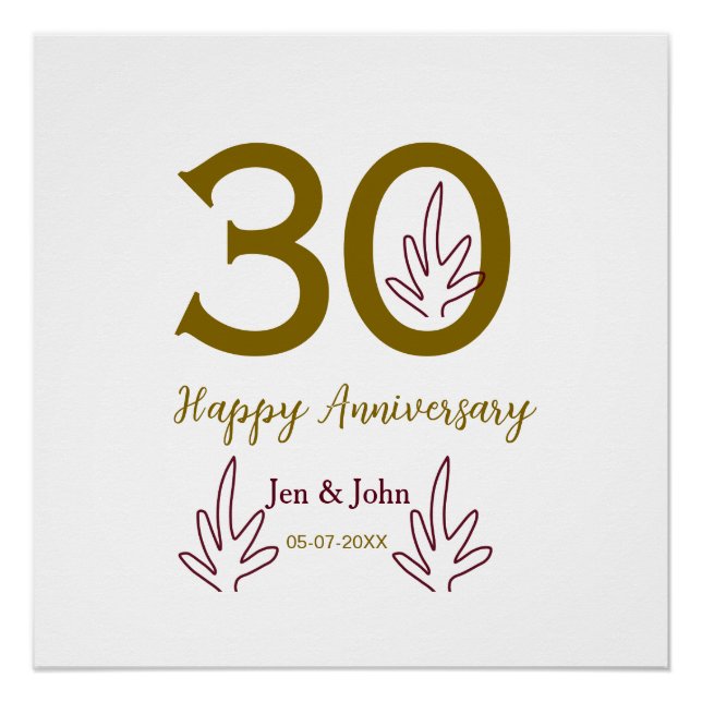 Pôster Happy 30th anniversary name date golden red leaf (Frente)