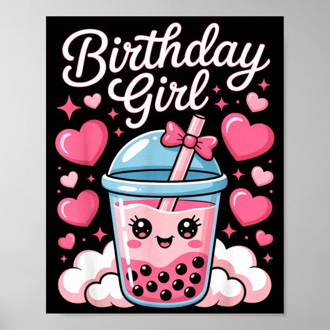 Poster Happy Birthday Girl Cute Nk Bow Bubble Boba Tea An (Frente)