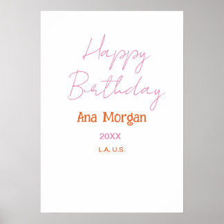 POSTER HAPPY BIRTHDAY PINK ORANGE NAME SIMPLE YEAR PLACE 