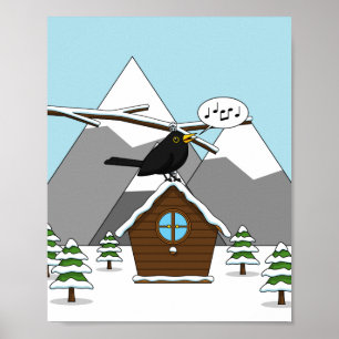 Poster Happy Blackbird Cantando na paisagem de inverno