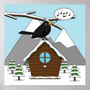 Poster Happy Blackbird Cantando na paisagem de inverno