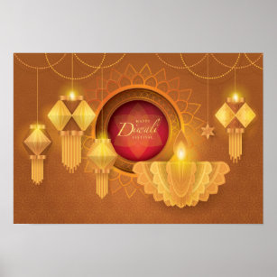Poster Happy Diwali Papercut Lanternas
