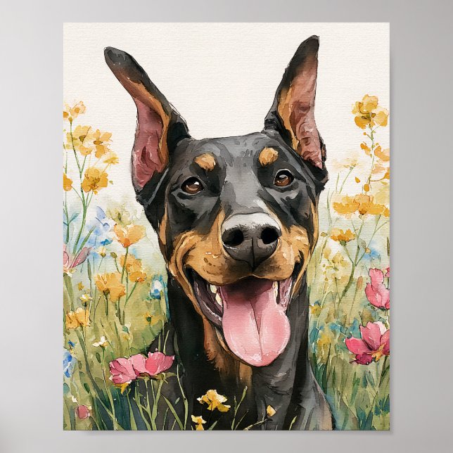 Poster Happy Doberman em flores silvestres - Arte canina (Frente)