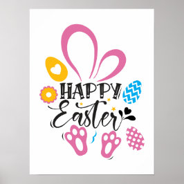 Poster Happy Easter Cute Bunny With Easter Eggs