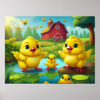 Poster Happy Easter Yellow Chicks in a Pond by a Red Barn